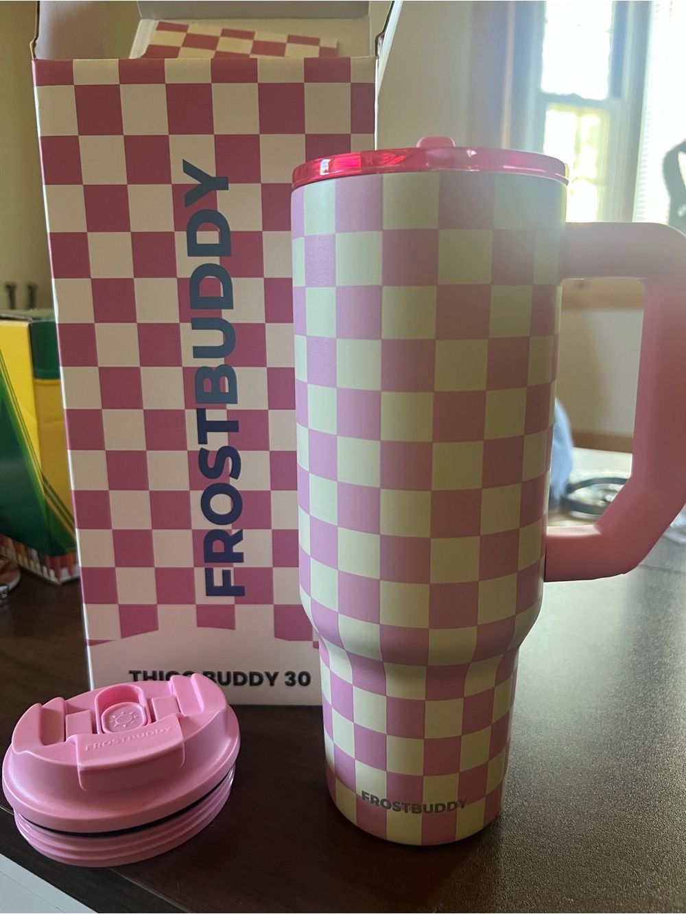 FrostBuddy Pink Checker Insulated Travel Mug